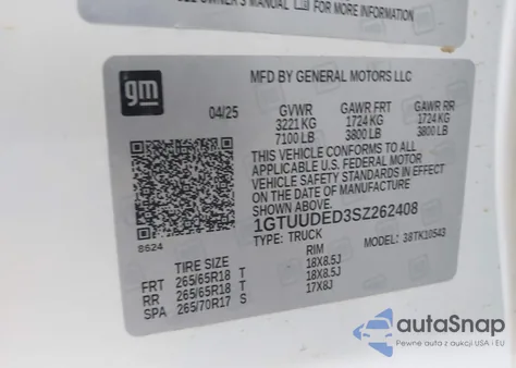 2025 GMC Sierra 1500 4Wd Short Box Slt z USA, uszkodzony, nr VIN 1GTUUDED3SZ262408